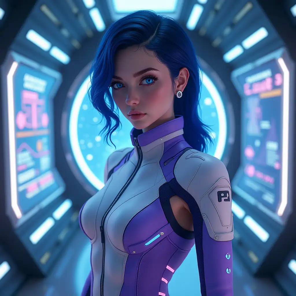 A futuristic, realistic portrayal of a young woman in a high-tech sci-fi setting. She has vibrant, dark blue hair and piercing blue eyes that gaze directly at the camera. She wears a sleek, futuristic purple and white outfit with intricate details that blend advanced technology and fashion. The environment around her is a high-tech space station with glowing panels, holograms, and a starry view in the background. Her posture conveys confidence and strength, while her outfit emphasizes both elegance and modernity. The lighting enhances the scene with a soft glow and vibrant accents.