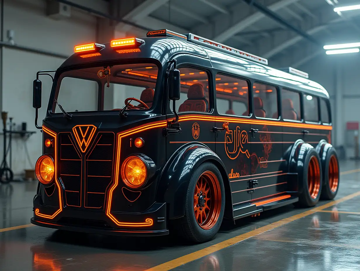 Supermodern utopian sports bus with gears, lowered body, 18-inch rims, aluminum wheels, orange and black leather steering wheel, Cyberpunk.