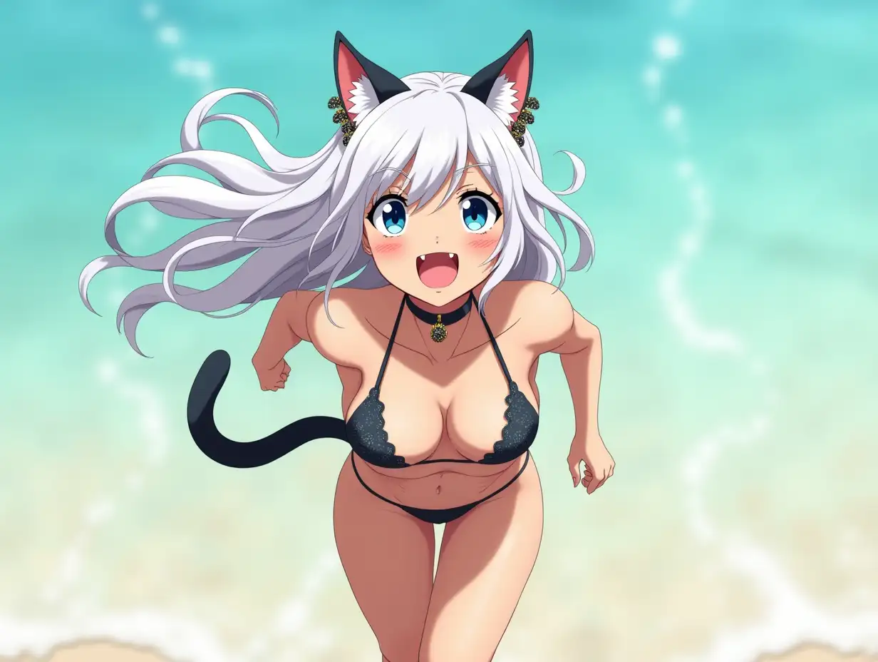 A mature adult feline/woman active running down a beach. Her 30-something years are disguised by her youthful facial features, except for her subtle wrinkles around the eyes, extremely slender body. Her ample bosom strains against her bikini, extreme cleavage.  Wearing black shoes. She has piercing blue cat eyes. A choker adorns her neck, a subtle hint at her feline nature. Her long, white hair cascades down her back like a wild waterfall, tangled and disheveled. Her cat-like teeth glint in the light, as her white fur-lined ears punctuate her visage with sparkling black and gold earring adorns each ear, adding a touch of elegance to her feline features. Cat whiskers on her face. The attached tail at the base of her spine stirs lazily.  Long fingernails. Full view. Anime.