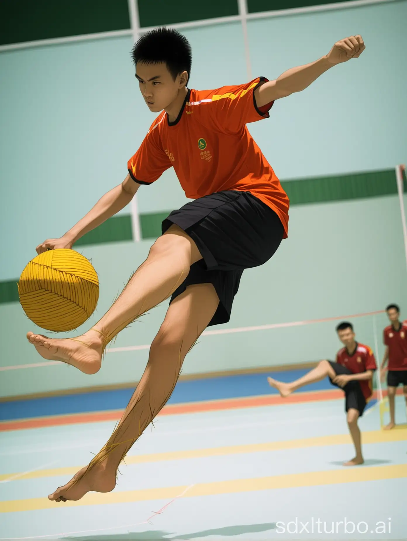 athlete kicking sepak takraw