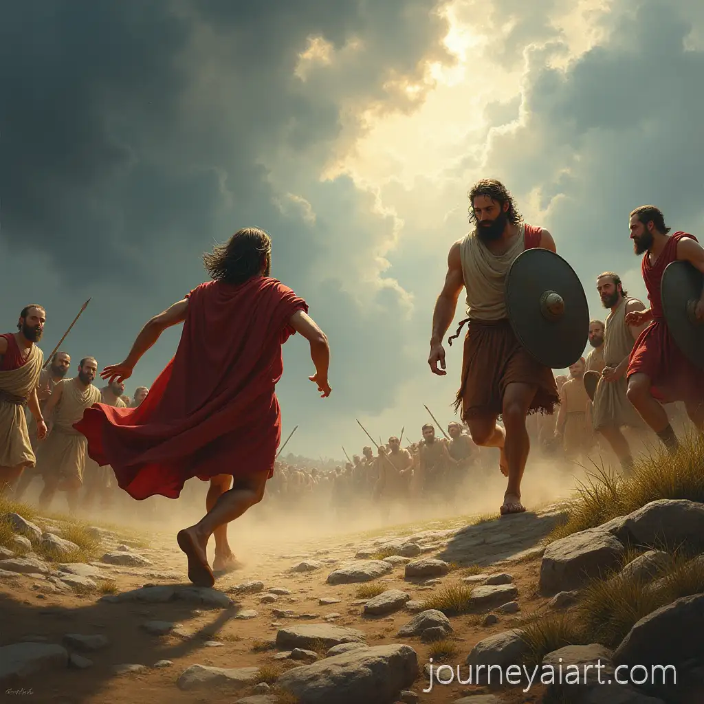 David-Running-Toward-Goliath-to-Defeat-Him-on-aDavid-vs-Goliath-Battle-Rocky-Battlefield