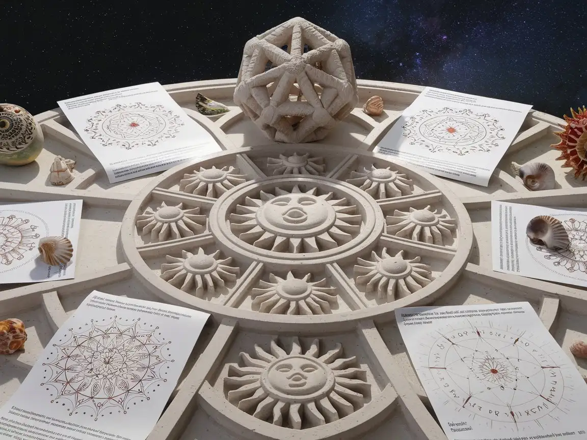 a carved white stone table altar with sun mandalas carvings, polyhedra, seashells on the table, papers and posters with mandalas et formulas and a starry sky in the background, high precision