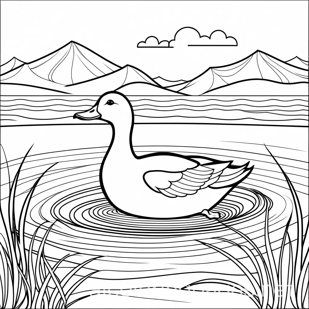 A duck swimming in a pond. Bold outlines, simple water and sky coloring page , bold line , white background and ample white space for children to color easily, Coloring Page, black and white, line art, white background, Simplicity, Ample White Space. The background of the coloring page is plain white to make it easy for young children to color within the lines. The outlines of all the subjects are easy to distinguish, making it simple for kids to color without too much difficulty