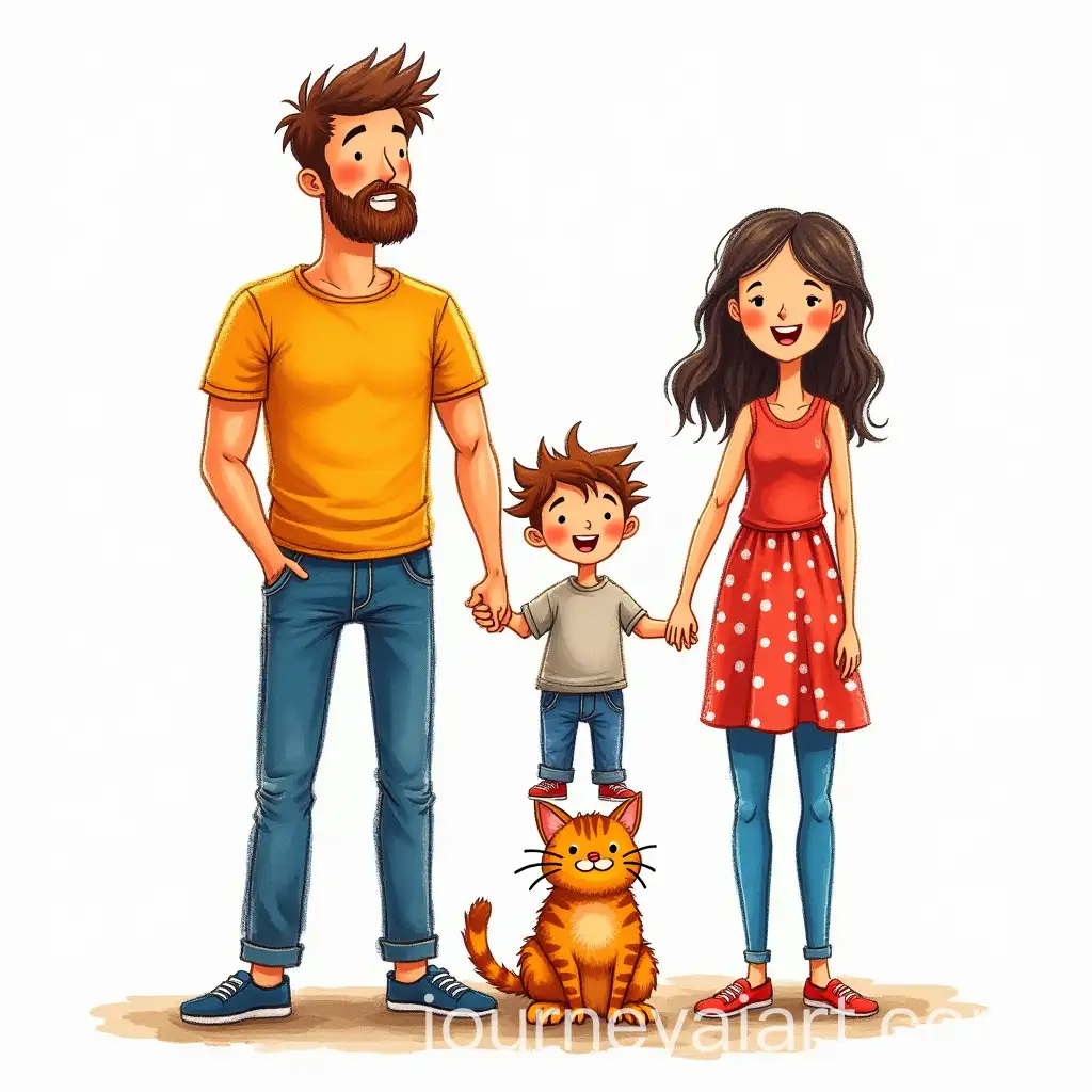 Happy-Family-Holding-Hands-with-Maine-Coon-Cat-in-Naive-Art-Style
