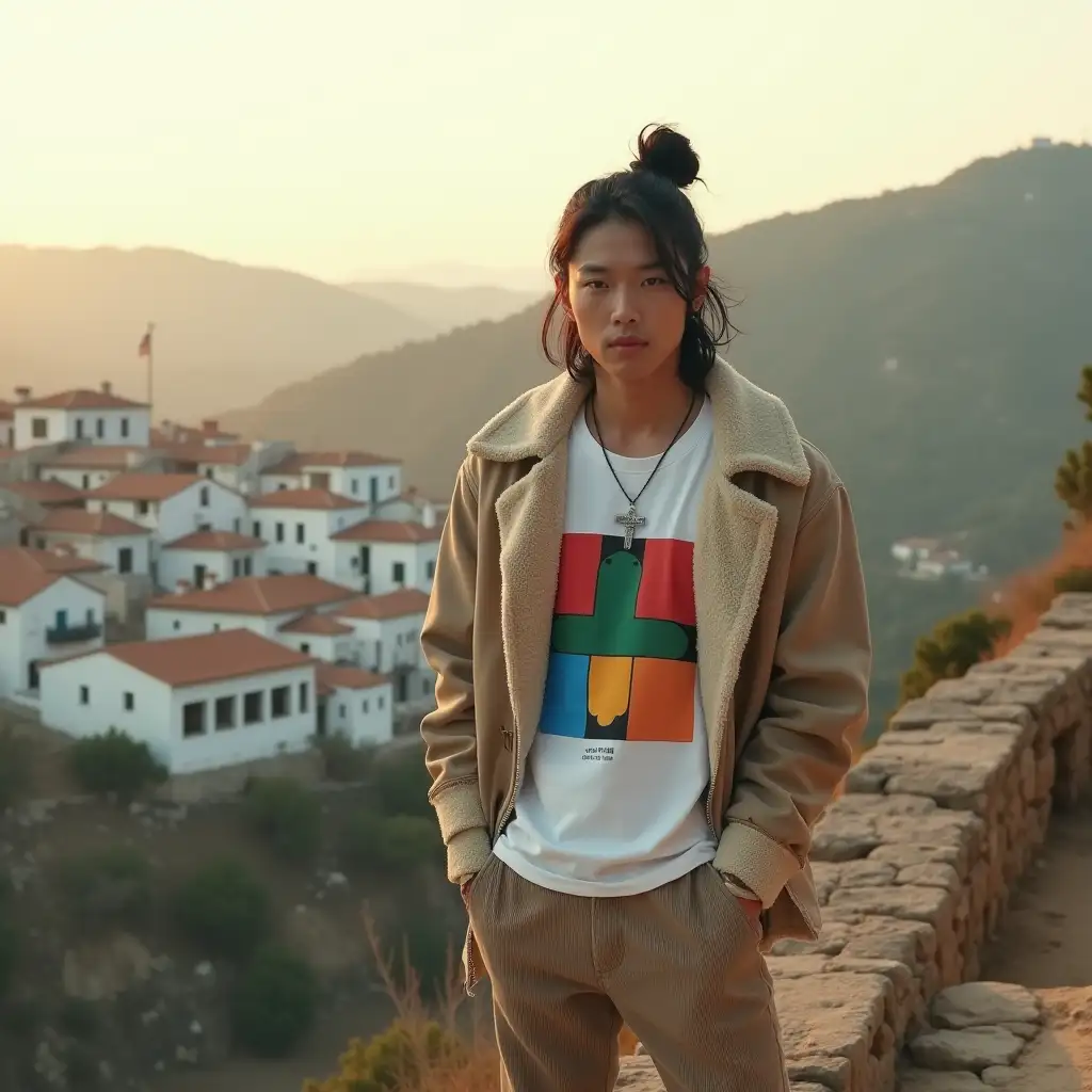 Korean-Man-in-Beige-Shearling-Jacket-Overlooking-Traditional-Village-at-Sunset