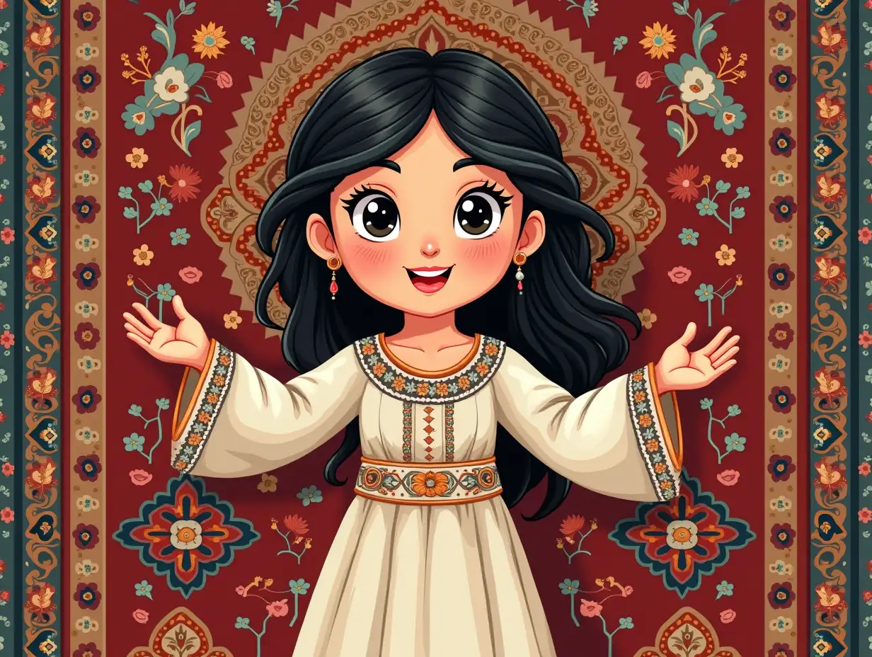 A beautiful Morden cartoon girl showing her traditional carpet design full image