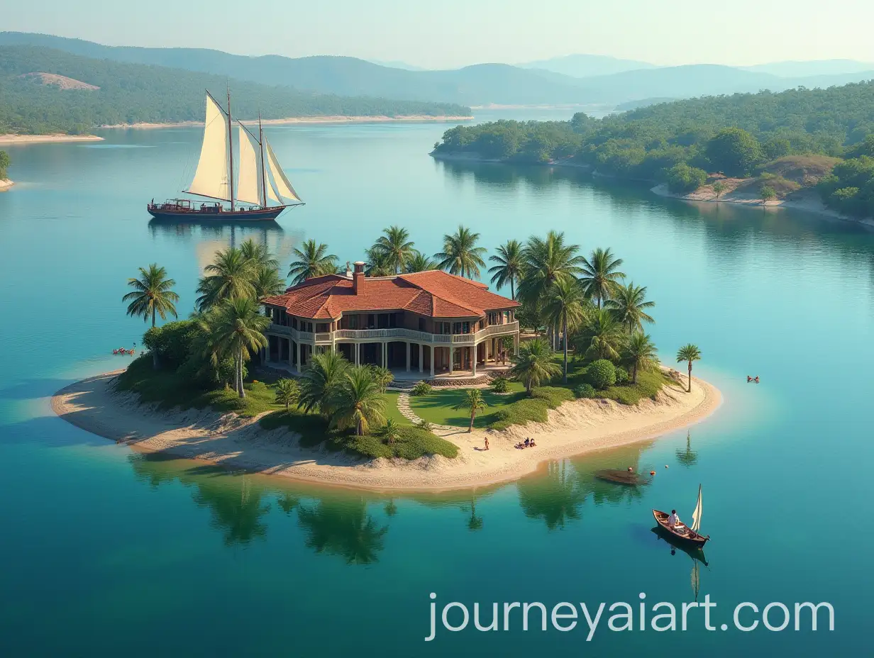 Luxurious-House-on-Small-Island-Large-Lake-Palm-Beaches-and-Colorful-People