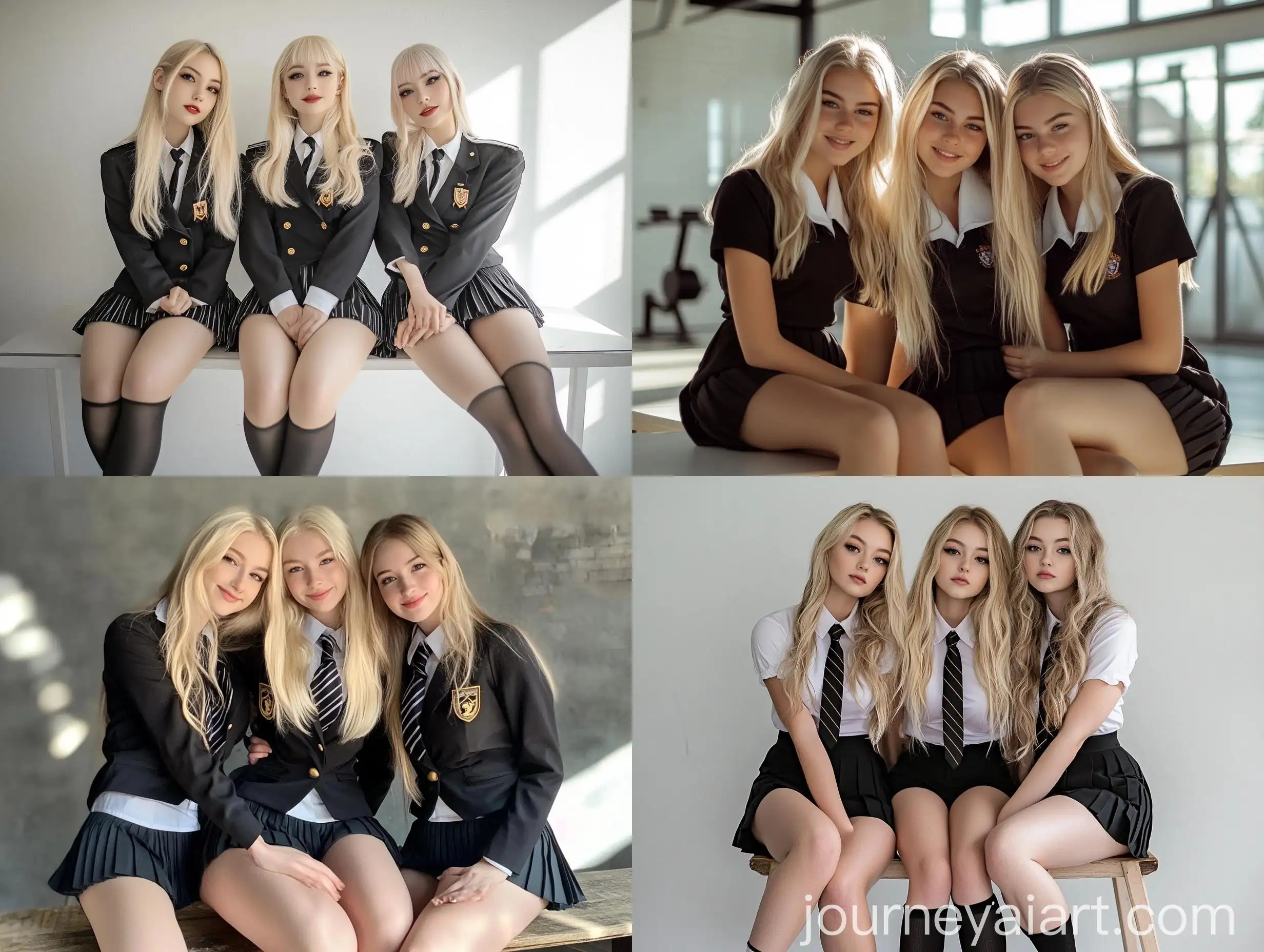 Three-Women-in-School-Girl-and-Black-Uniforms-Posing-at-Photography-Studio