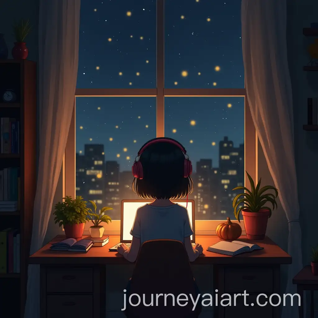 AnimeInspired-Girl-Studying-at-Cozy-Desk-by-Window-with-Nighttime-Cityscape