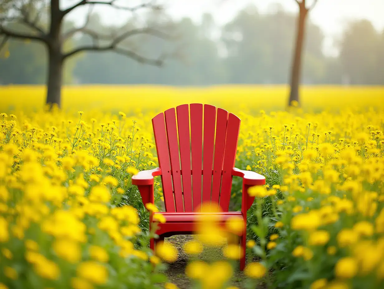 Elegant-Red-Chair-Amidst-Vibrant-Yellow-Wildflowers