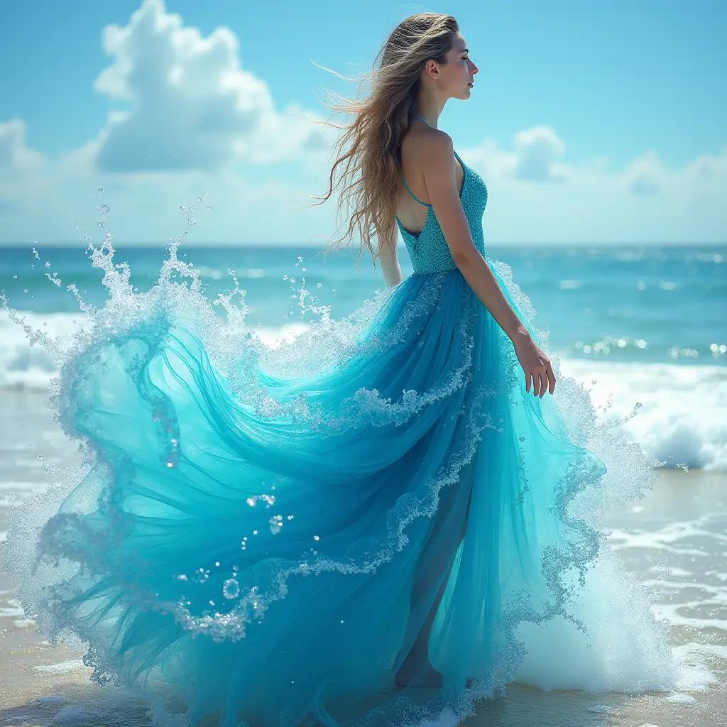 A stunning and surreal image of a girl wearing an intricate aqua dress made entirely of water waves, creating a mesmerizing and visually stunning effect. The girl is shown in a graceful pose on the beach, and the water seems to be cascading over her body dramatically. This is caused by the waves crashing into her. This image can be created using the following vector. Woman in an intricate aqua dress made entirely of water waves, by Dmitry Kostanovich, Photoshop, Felicia Semyon, UHD image, Ekaterina Panikanova, Shiny and sparkling, HDR, Dynamic mode, 32 KB, Sharp focus, Illustration. by Sasan.