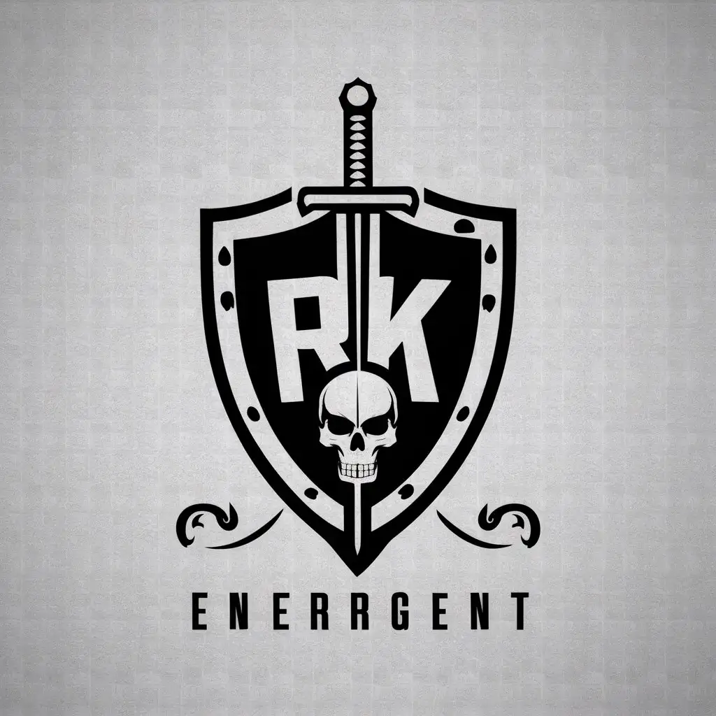 a vector logo design,with the text "RK", main symbol:shield sword skull,complex,be used in Entertainment industry,clear background