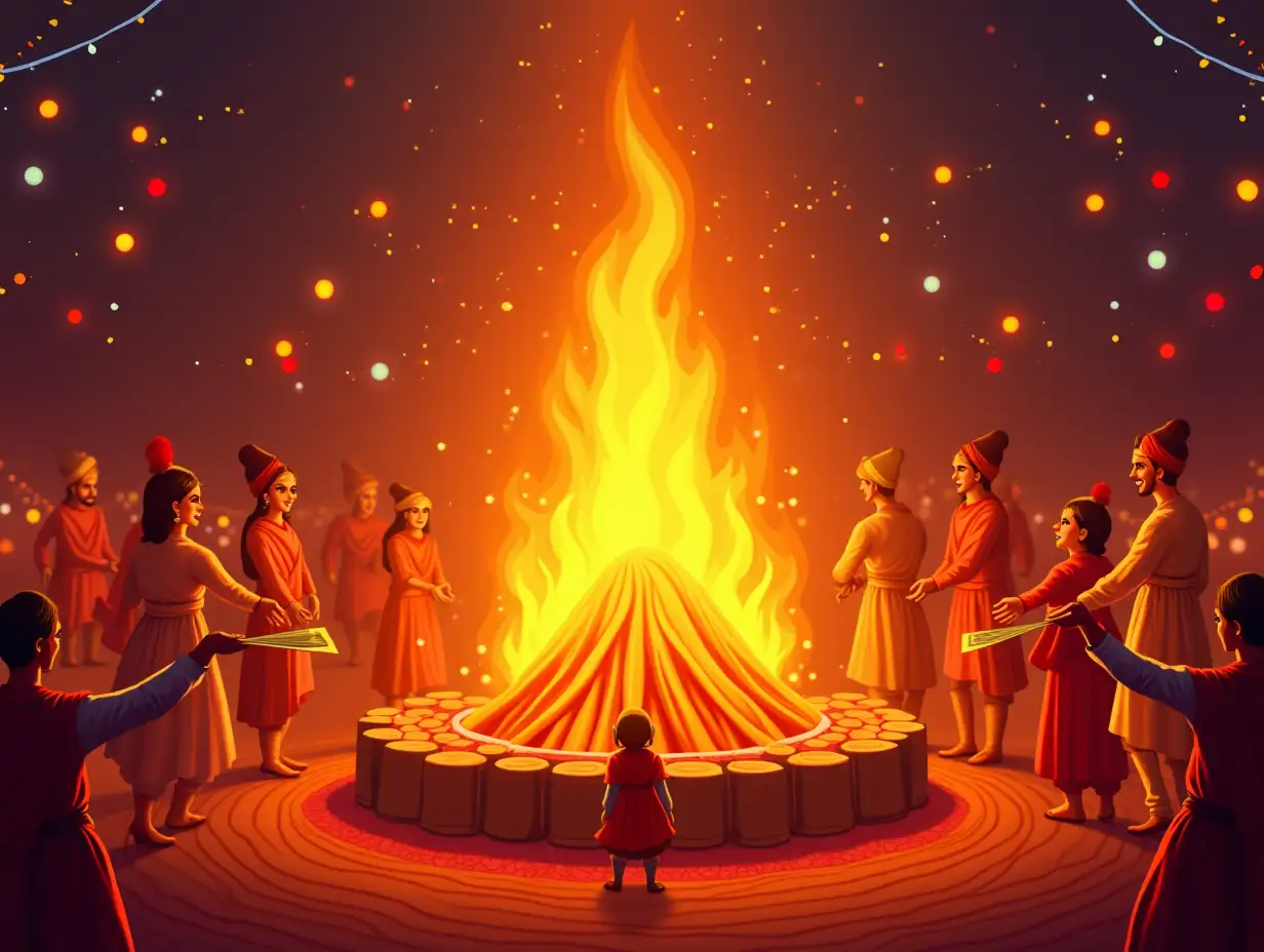 Design an eye-catching Lohri festival poster featuring a large bonfire with people joyfully surrounding it. Use rich festival colors like orange, red, yellow, and gold. Include traditional music instruments like dhols and chimtas (tongs). Add decorative elements like marigolds and festive lights. The background can have a subtle, colorful gradient, uhd, 128k