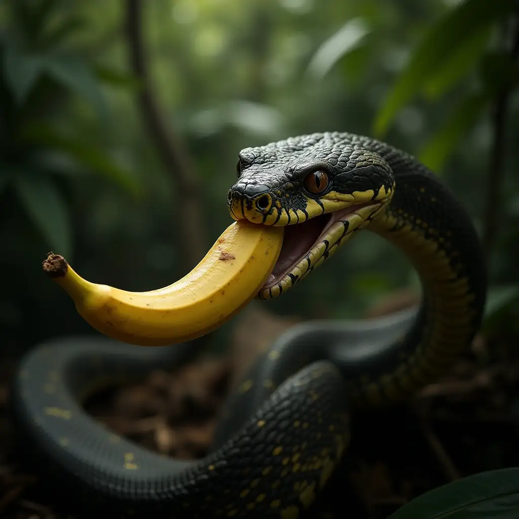 portrait of a large, powerful, muscular snake eating a single partially peeled banana in a jungle setting