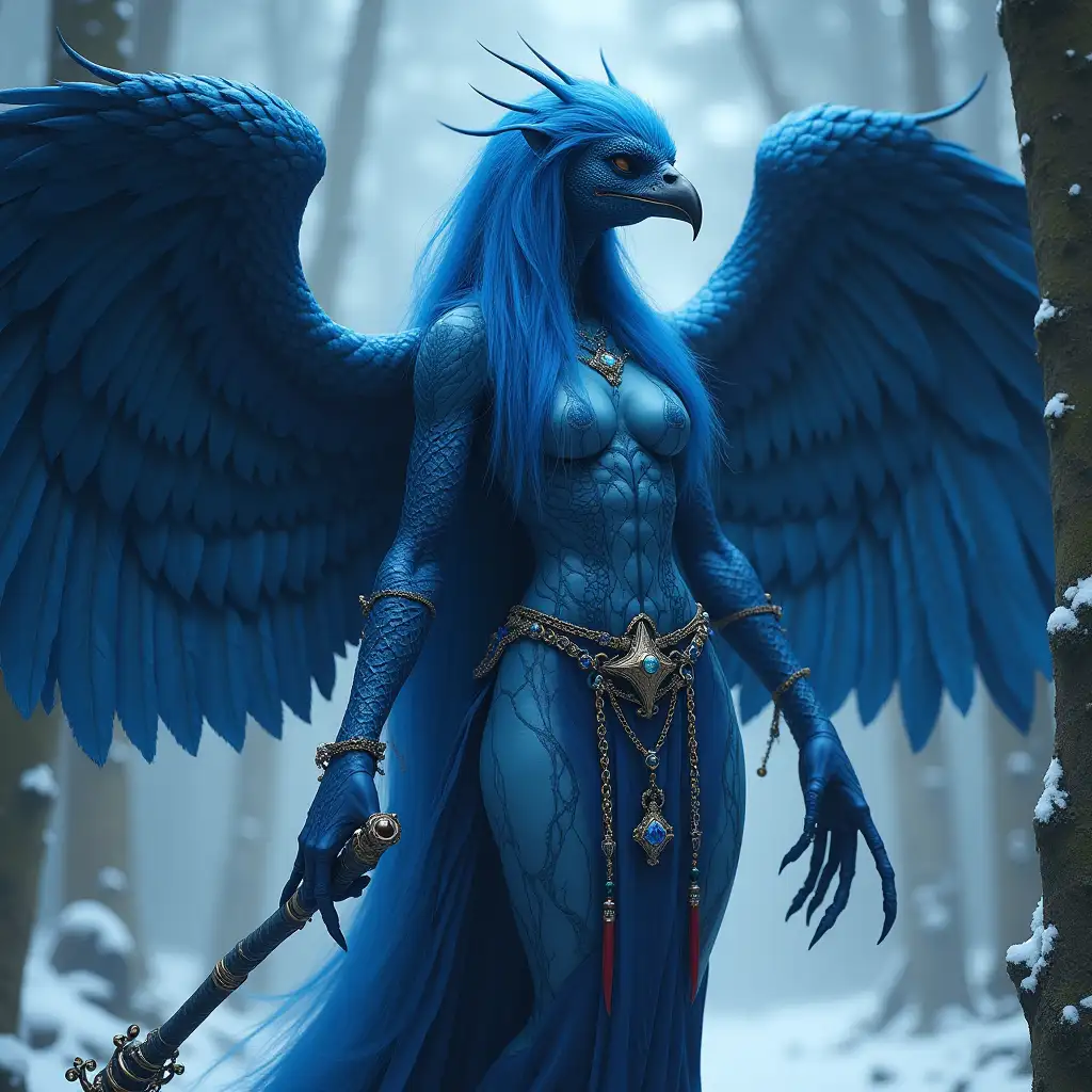 Woman humanized version of Kaiousa Fateweaver as an evil beautiful girl demoness, she is a servant of God Chaos Tzeentch, with a humanoid bird body and long neck, with blue skin/feathering, she has a large chest, she has enormous thick wings, she has long blue hair covering her eyes, her hands are disproportionately long and bird-like, her hips and arms are covered in feathers, she is in cultist or sectarian clothing, in her hands she holds a staff, with a background of snowy dense forest, in the style of Warhammer Fantasy Battle