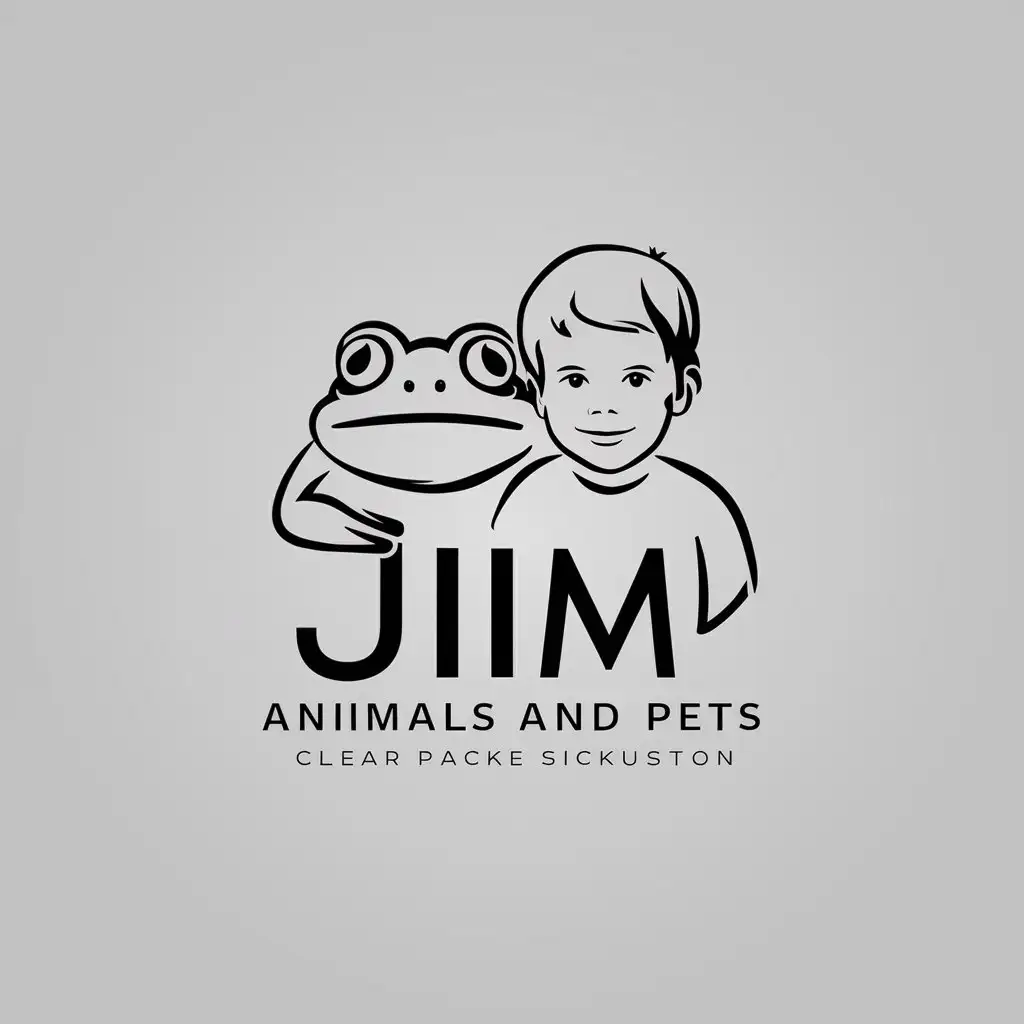 a logo design,with the text "jim", main symbol:frog and boy,Minimalistic,be used in Animals Pets industry,clear background