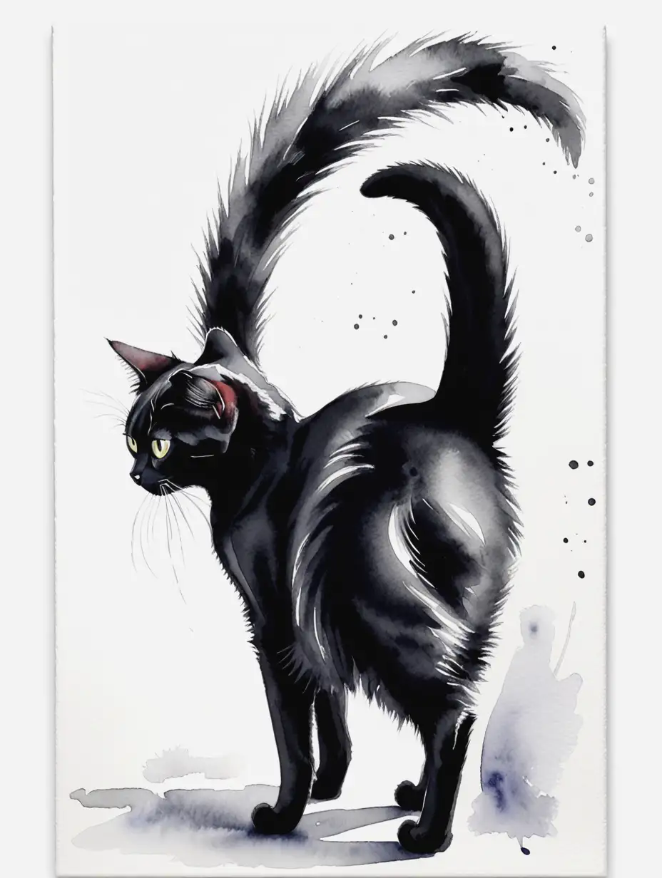 Watercolor Painting of a Playful Black Cat with Tail Up on White Background