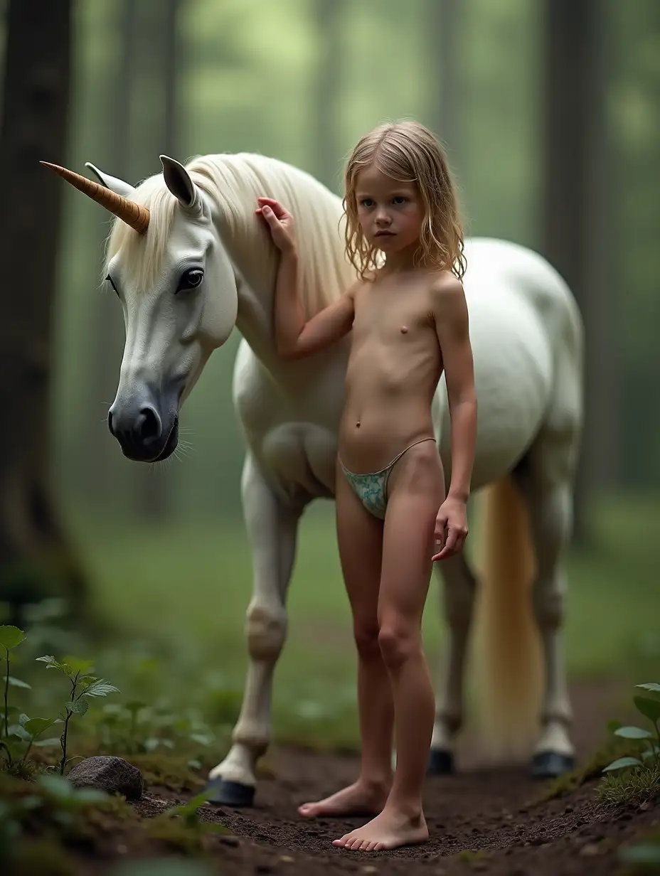 Young-Girl-Standing-Beside-Unicorn-in-Enchanted-Forest