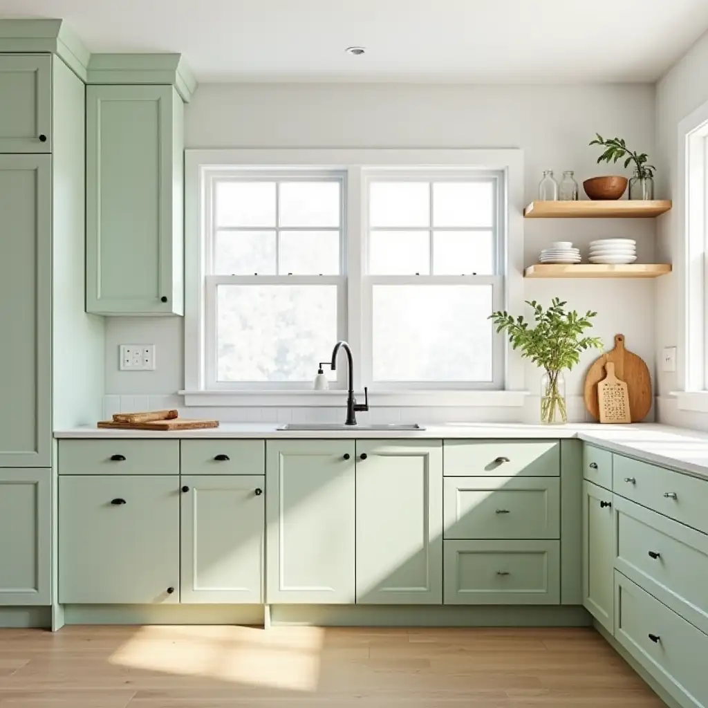 Minimalist-Kitchen-Design-with-Light-Green-Cabinets-and-Natural-Lighting