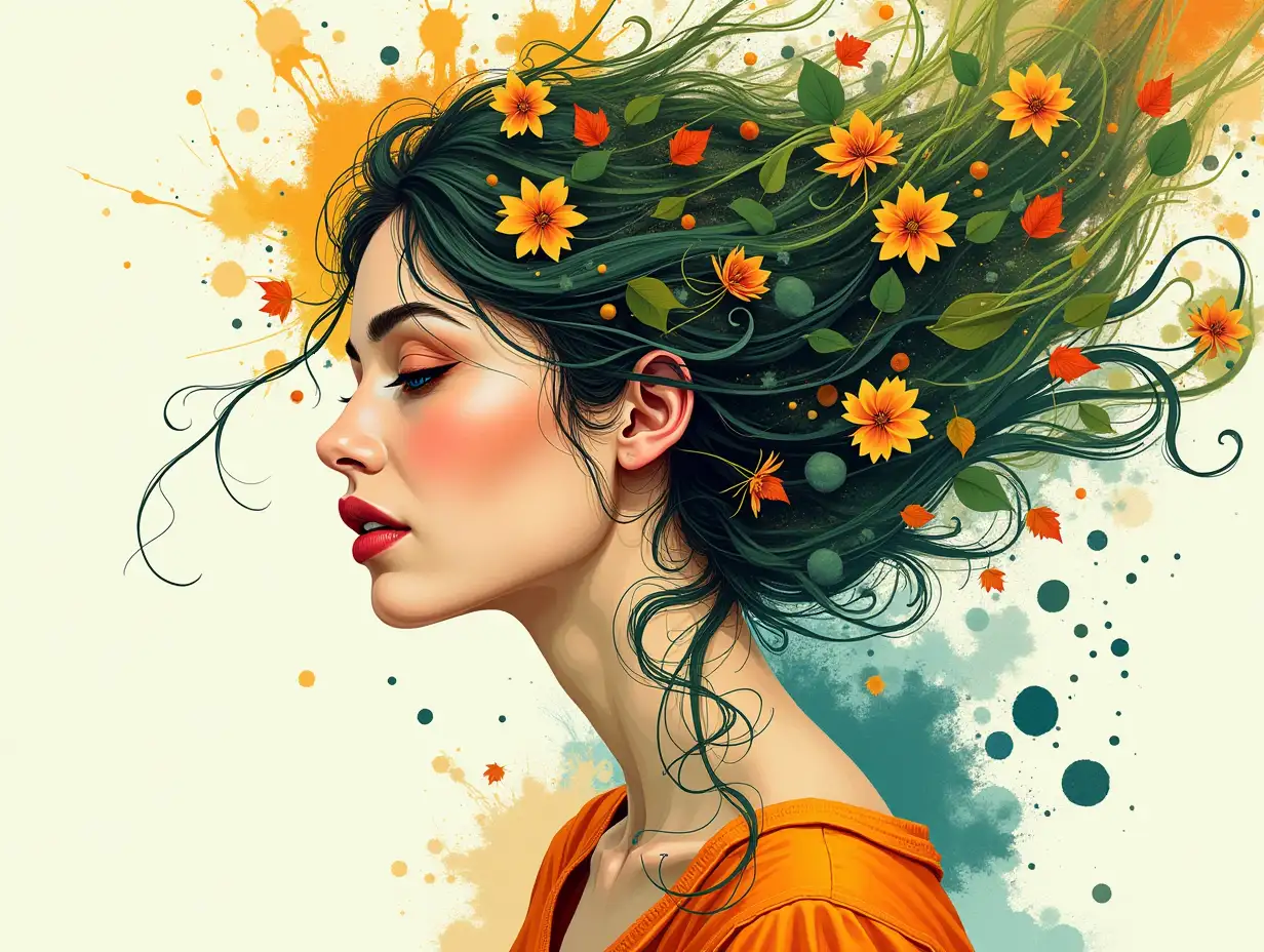 Create a vibrant, highly detailed illustration of a female face seamlessly intertwined with natural elements. Her flowing hair should be composed of leaves, flowers, and vines, blending organically into the features of her face. The color palette should emphasize a sense of autumnal transition, with rich shades of green, orange, yellow, and blue, suggesting movement and change. The background should be abstract, featuring dynamic splashes of paint, geometric patterns, and fluid shapes, enhancing the feeling of fusion between the human form and nature. The overall mood of the image should be harmonious yet energetic, evoking both beauty and transformation. The composition should feel modern and artistic, suitable for a striking and visually compelling poster.