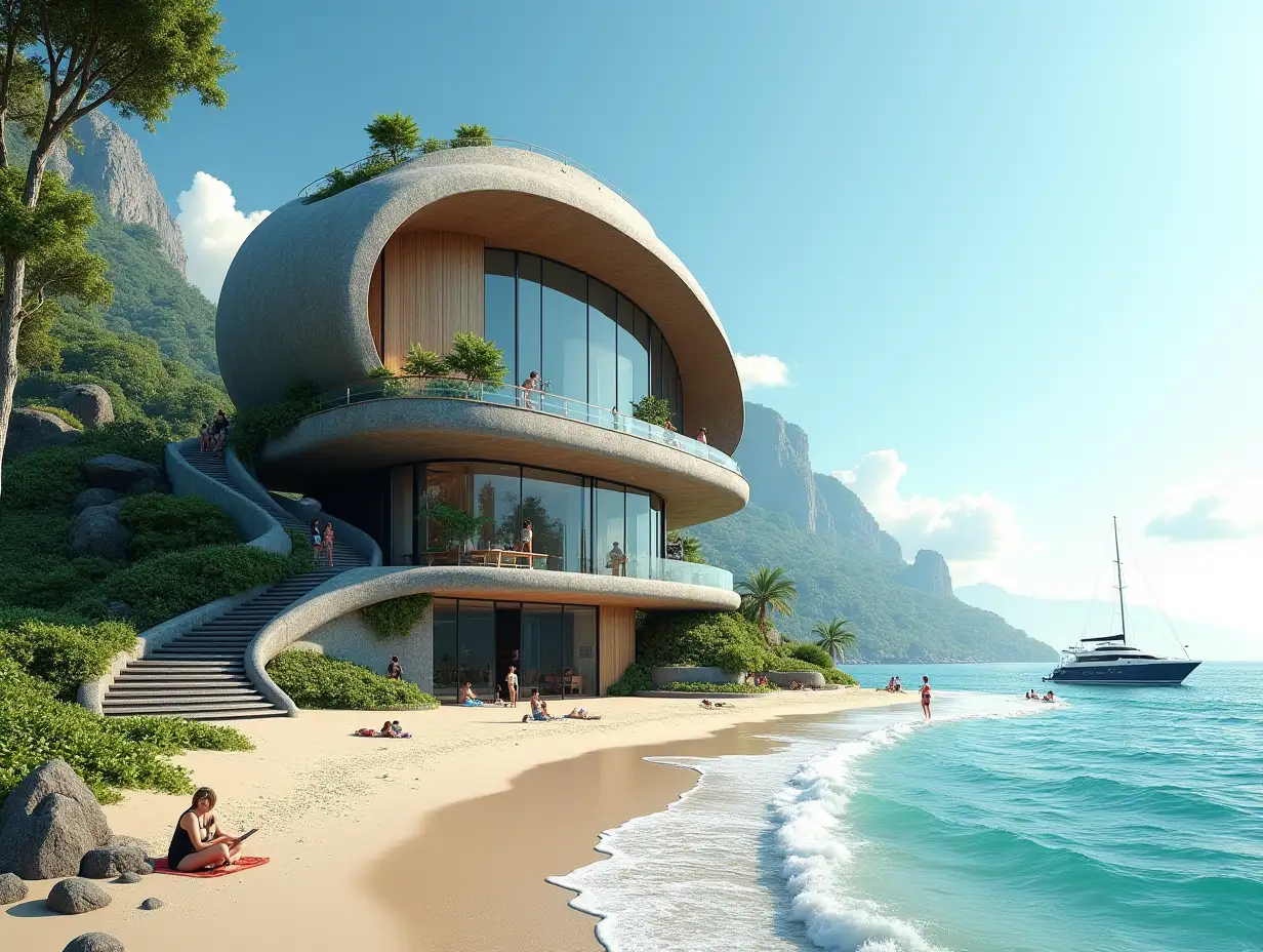 Create a high-resolution, realistic panorama image of a futuristic terrace building with steps to the sea window snail house with many plants and gray and brown facades a beach with people a playground a yacht on the sea waves, big trees, blue sky