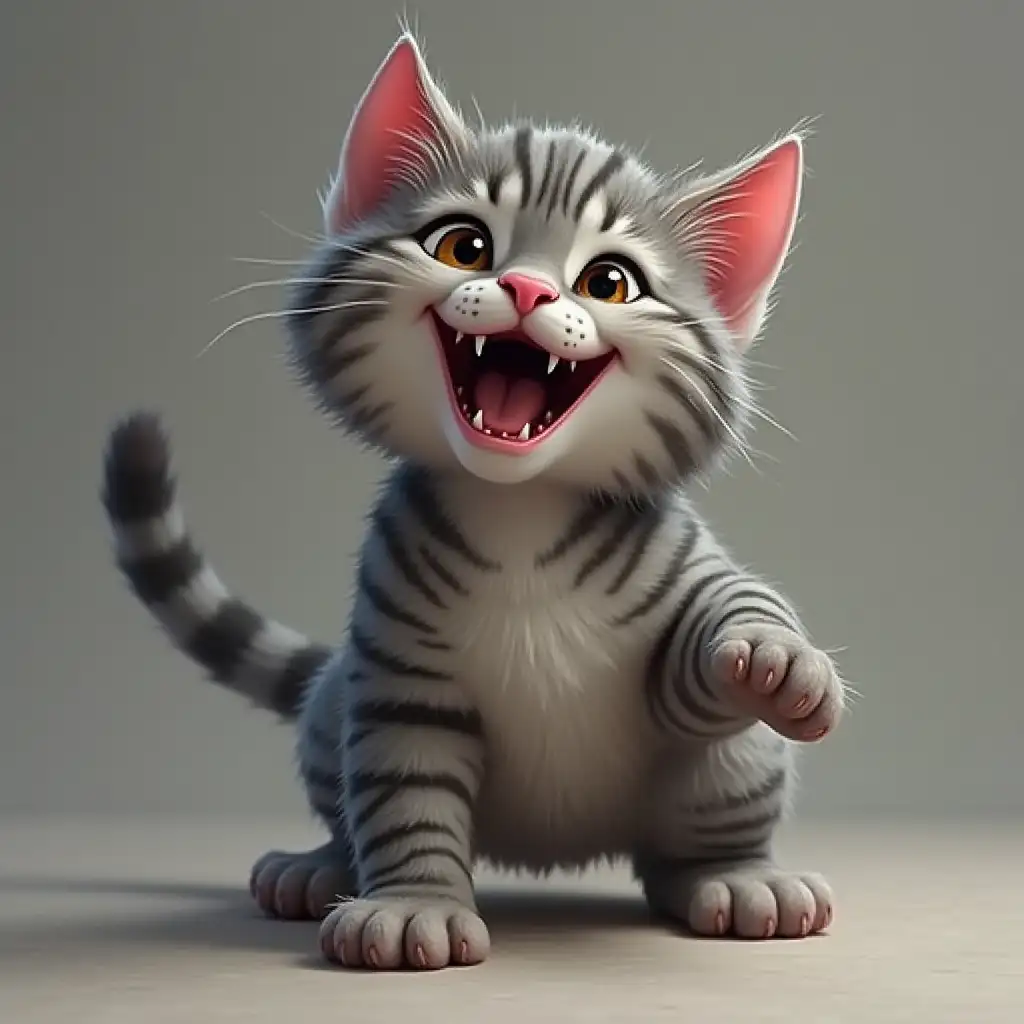 Create image of the Tigre cat, grey, playful, limping