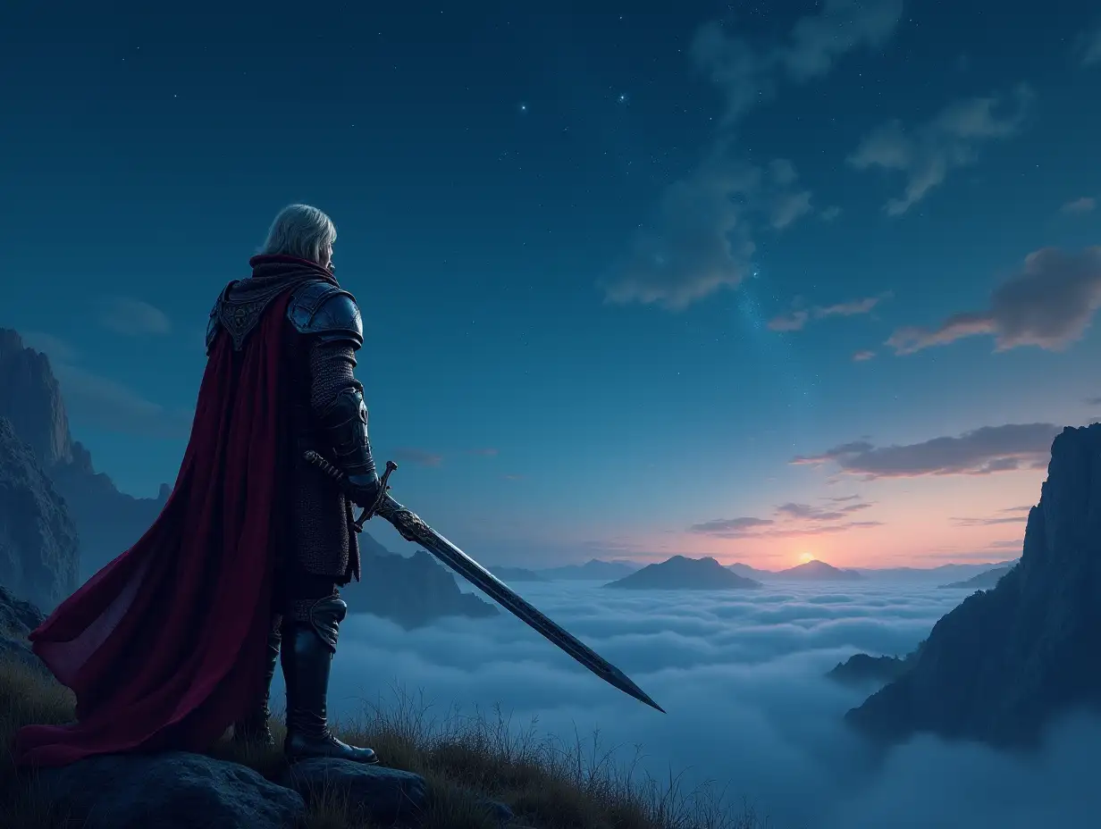 A warrior with armor and sword drawn towards the sky looking at the horizon, nighttime Fantasy landscape, starry sky