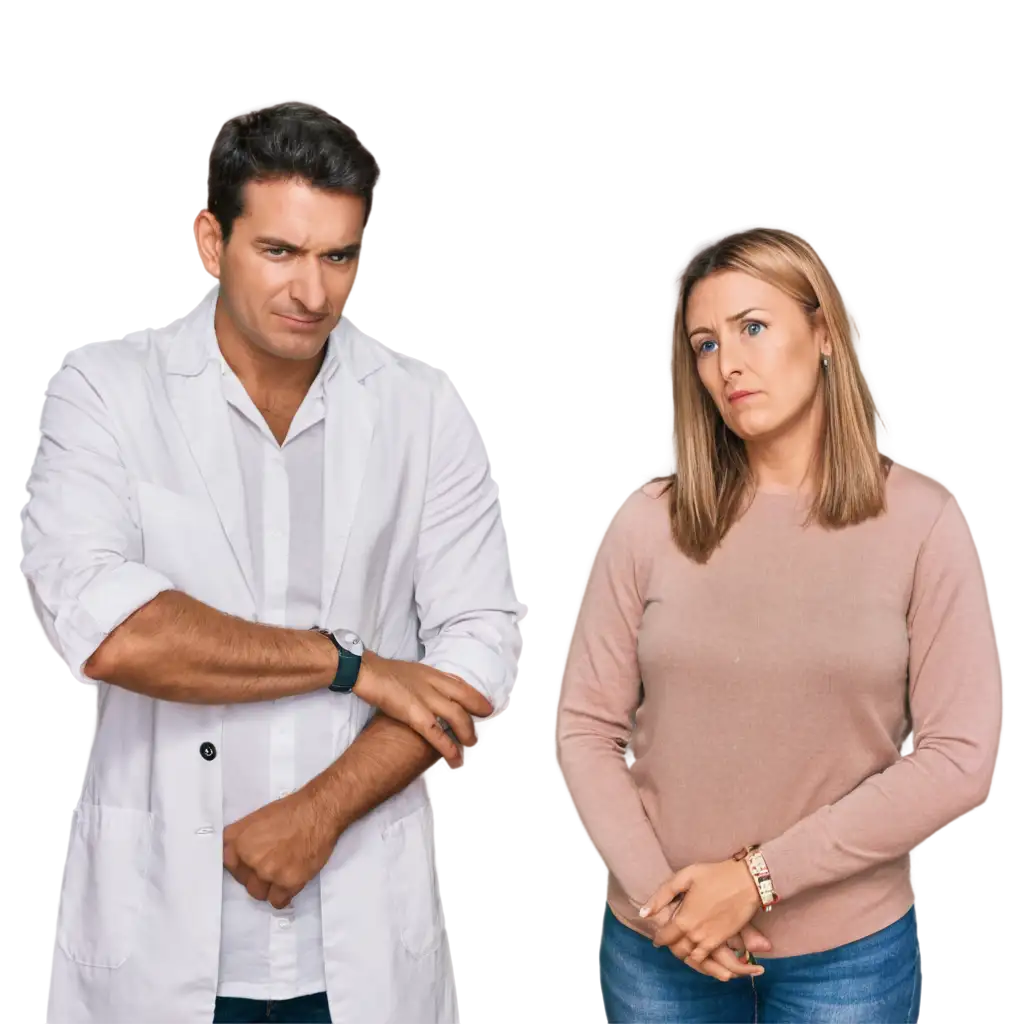 MiddleAged-Woman-with-Sad-Expression-and-Young-Man-Encouraging-Hearing-Exam-PNG-Poster-for-Medical-Awareness