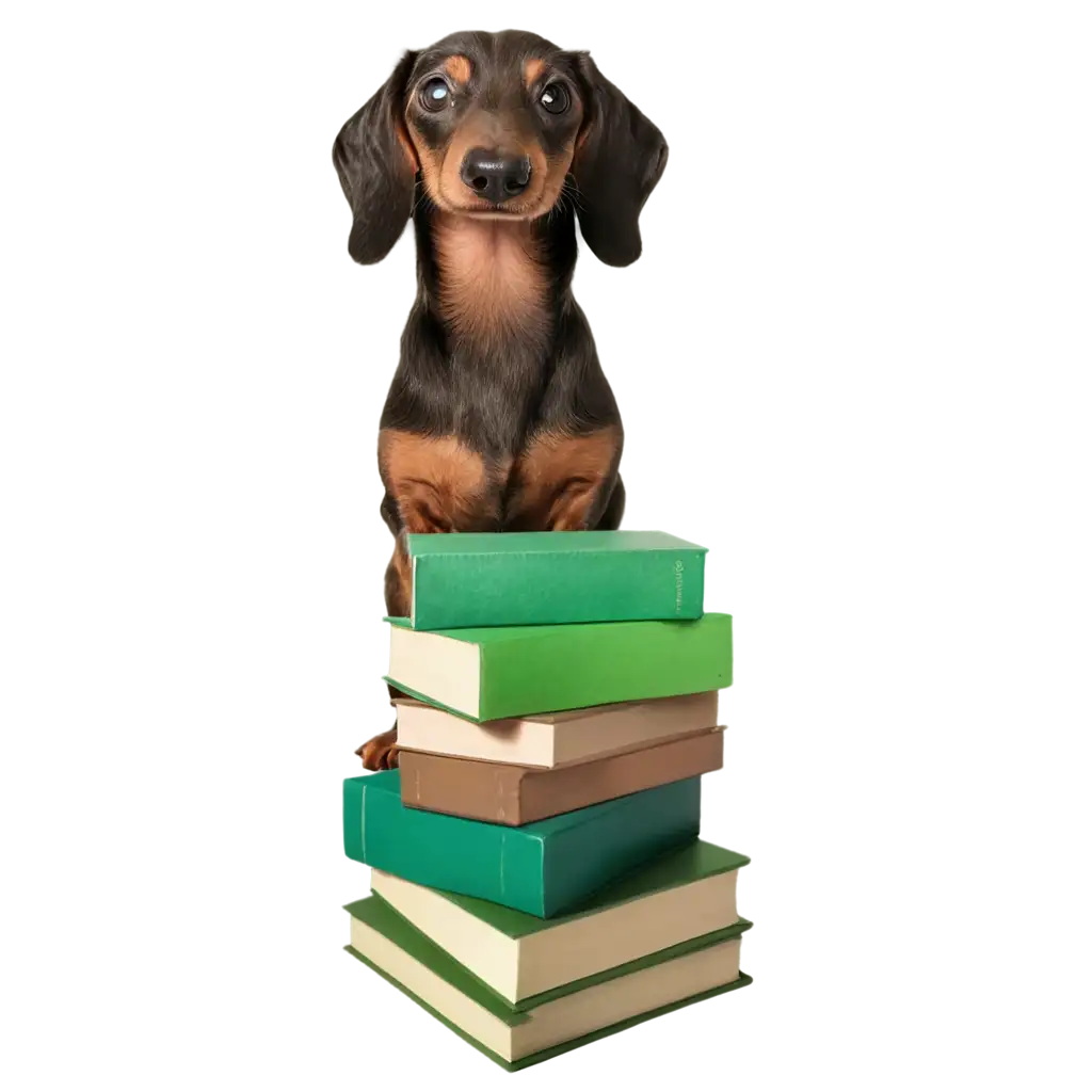 PNG-Image-Usage-ScenariosHappy-Dachshund-Sitting-on-a-Pile-of-Green-Books-PNG-A-Charming-and-HighQuality-Image-for-Various-Creative-Uses