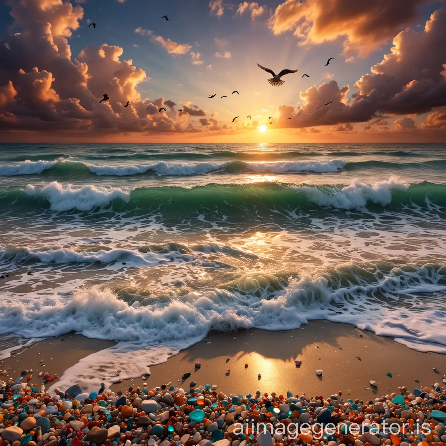 ocean sea beach sunset waves gemstones birds sky clouds tropical