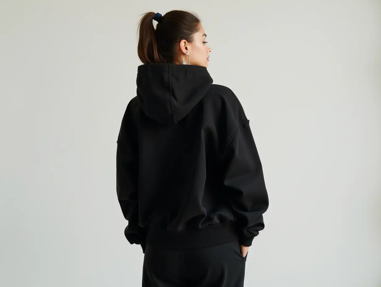 backside of a white young woman model wearing black hoodie and black sweatpants. face is slightly tilted towards the front, showing part of her profile.