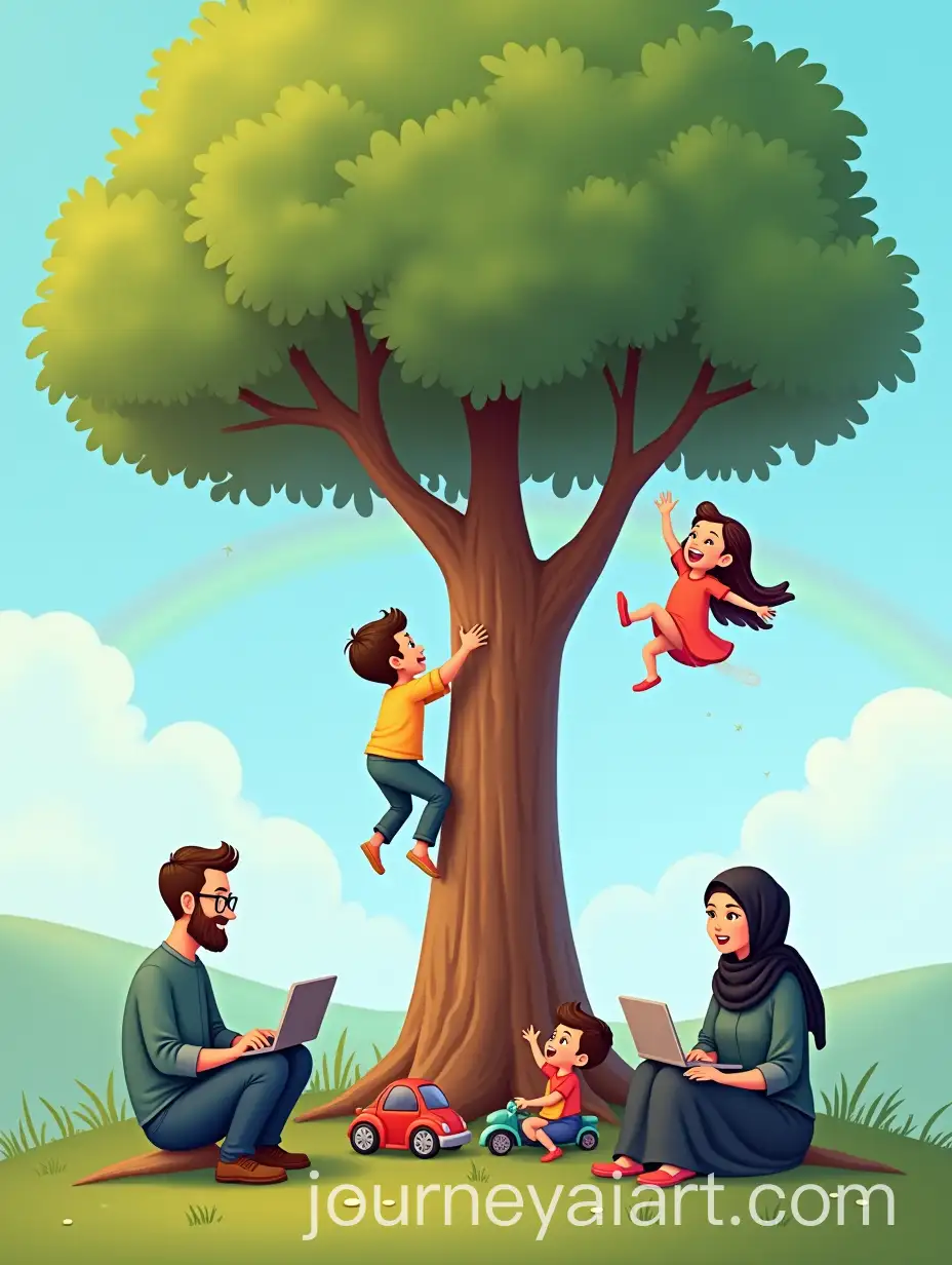 Cartoon-Family-Scene-with-Playful-Children-and-Loving-Parents-Under-a-Tree