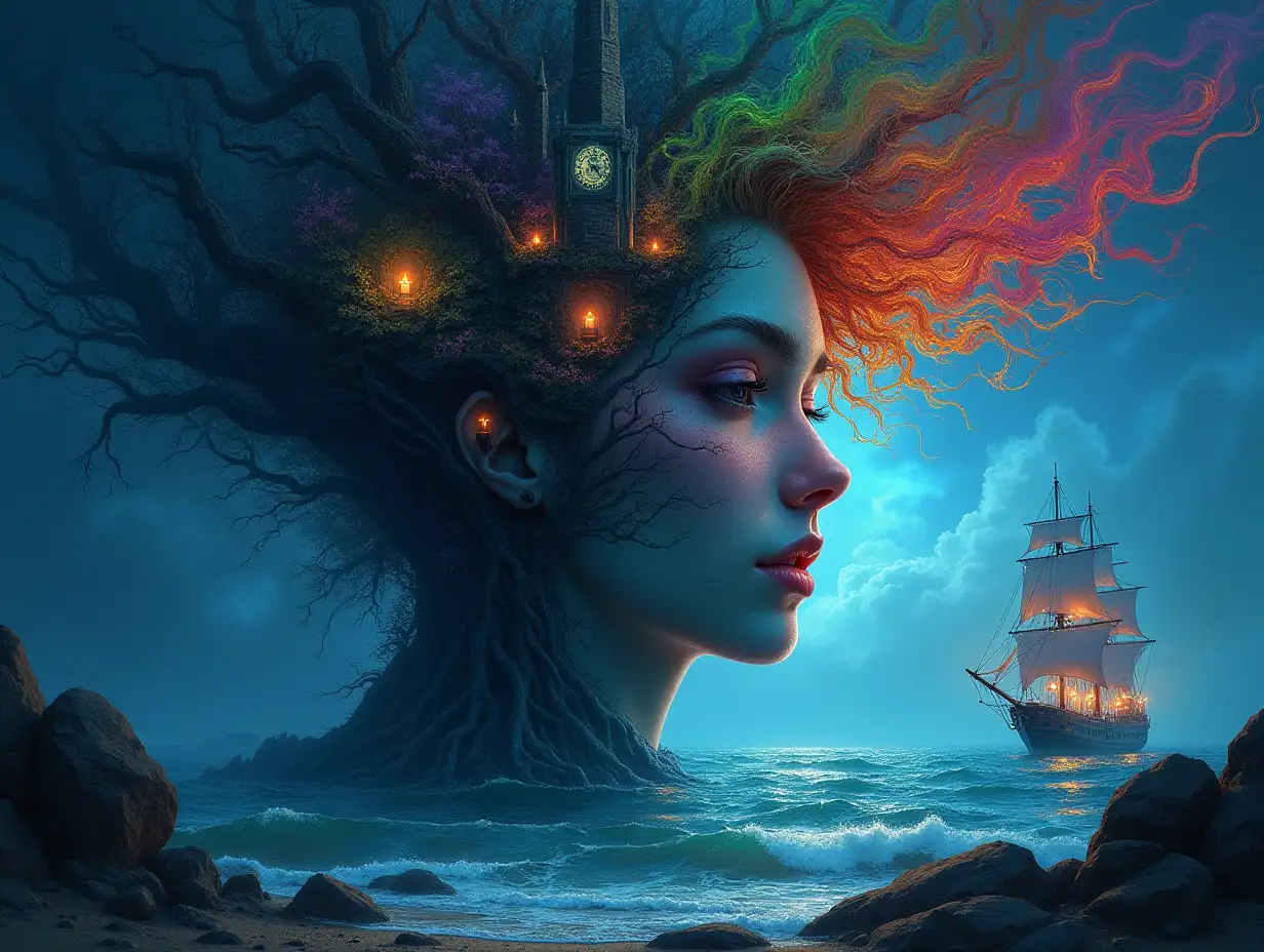 Creating a Digital painting face with rainbow hair transforms into building with stones and lighting trees with roots and rocks and lantern at the sea,with large hand clock sailing ship with lanterns and very big waves and lightning strange creatures-in the night 