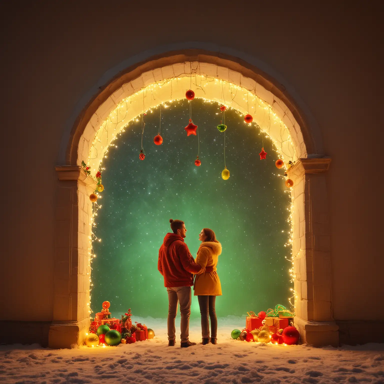 New year, bright, festive, two people together, cosmic echoes, light in the form of glowing arches and Christmas toys on the arches. Beautiful, yellow-green colors, little red. Much light and happiness. Realistically