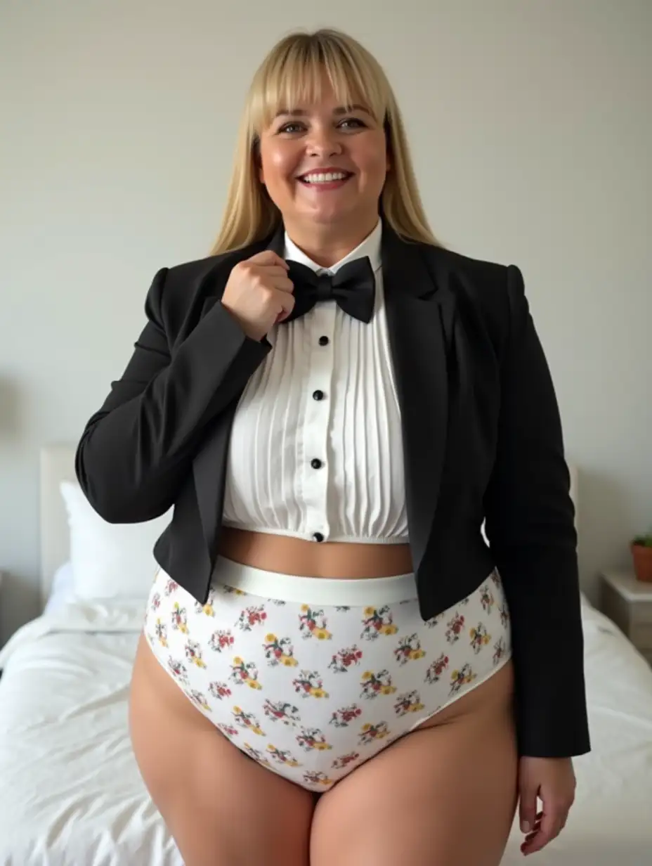 PlusSize-Caucasian-Woman-in-Formal-Orchestra-Tuxedo-in-White-Bedroom