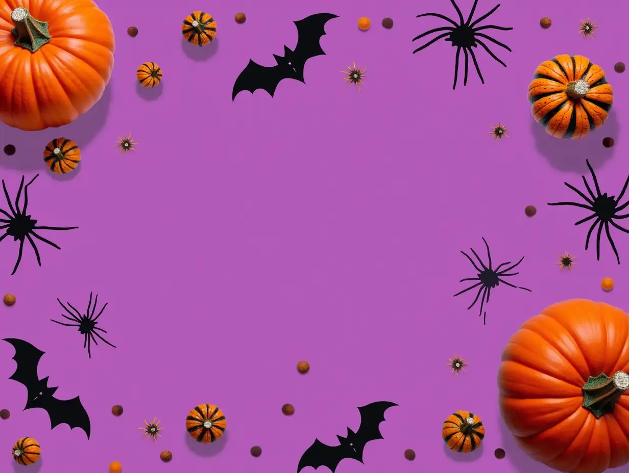 Spooky-Halloween-Flat-Lay-Pumpkins-Bats-and-Spiders-on-a-Purple-Canvas