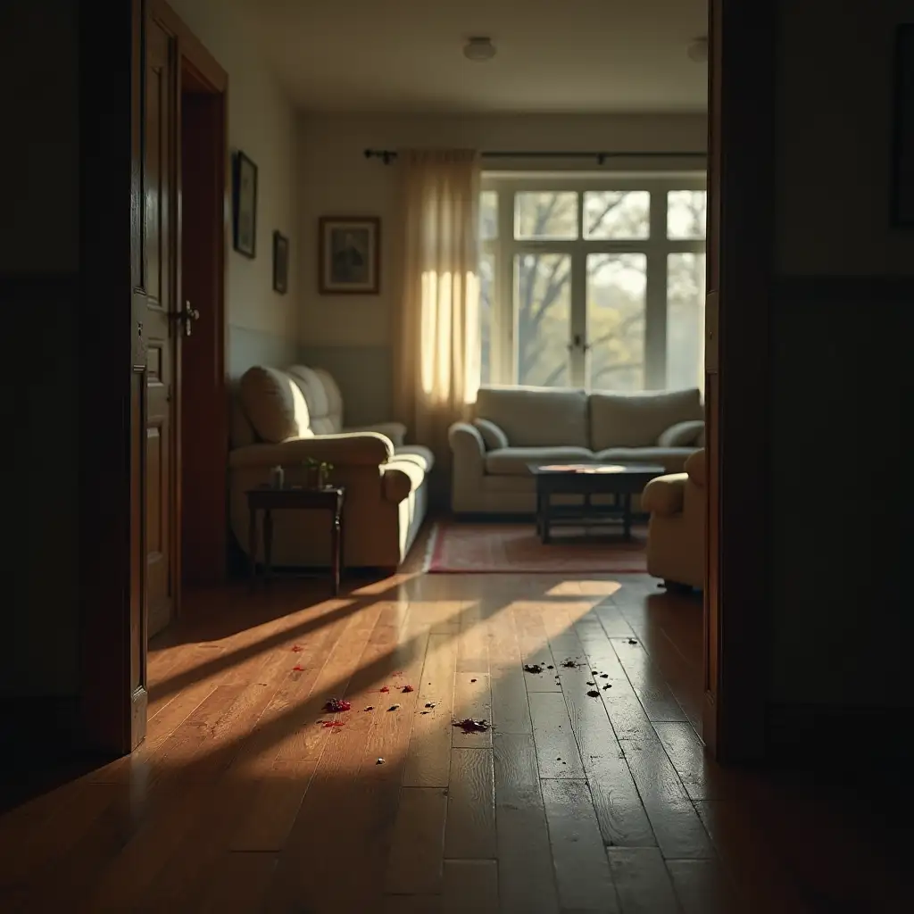 Realistic, in a large living room, a few tiny drops of blood are visible on the floor and lead out of the living room to the door.