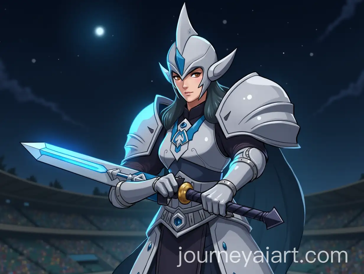 Nighttime-Warrior-in-White-and-Blue-Armor-with-Glowing-Sword