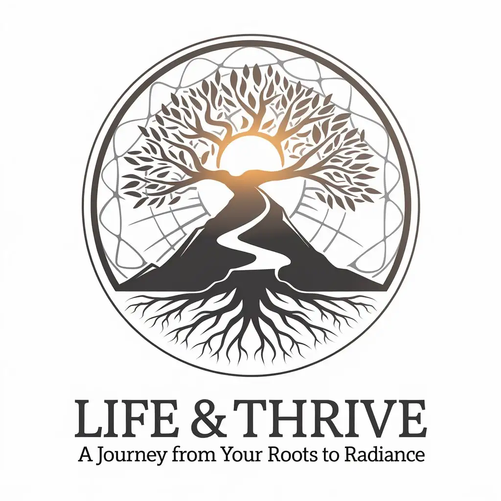 LOGO Design for Life Thrive Tree of Growth with Mountain Path and Sun Symbol