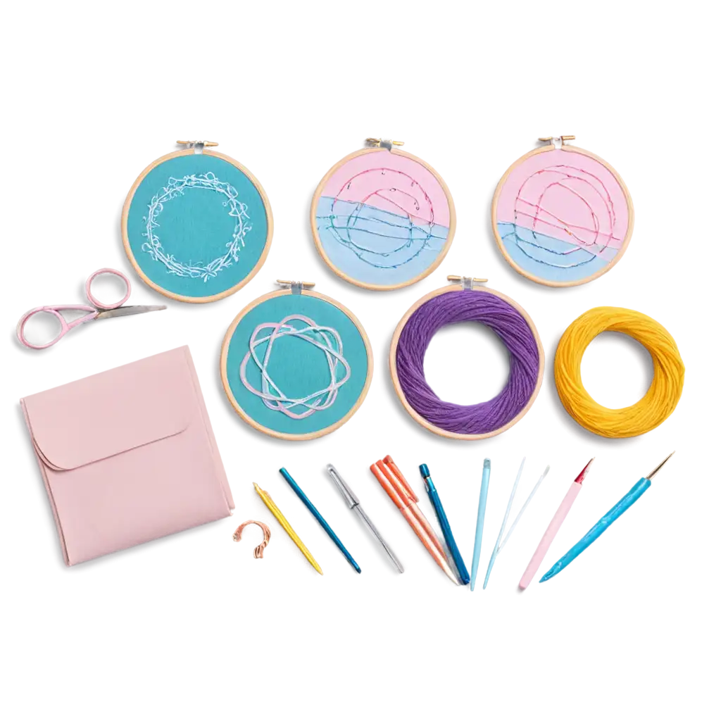 A colorful flat lay scene of a playful embroidery DIY kit for kids, featuring pastel-colored embroidery hoops, threads, needles, kid-safe scissors, and illustrated instruction booklets. Include doodle-style design accents like stars, thread swirls, and needles around the edges. Add a headline text on the image saying