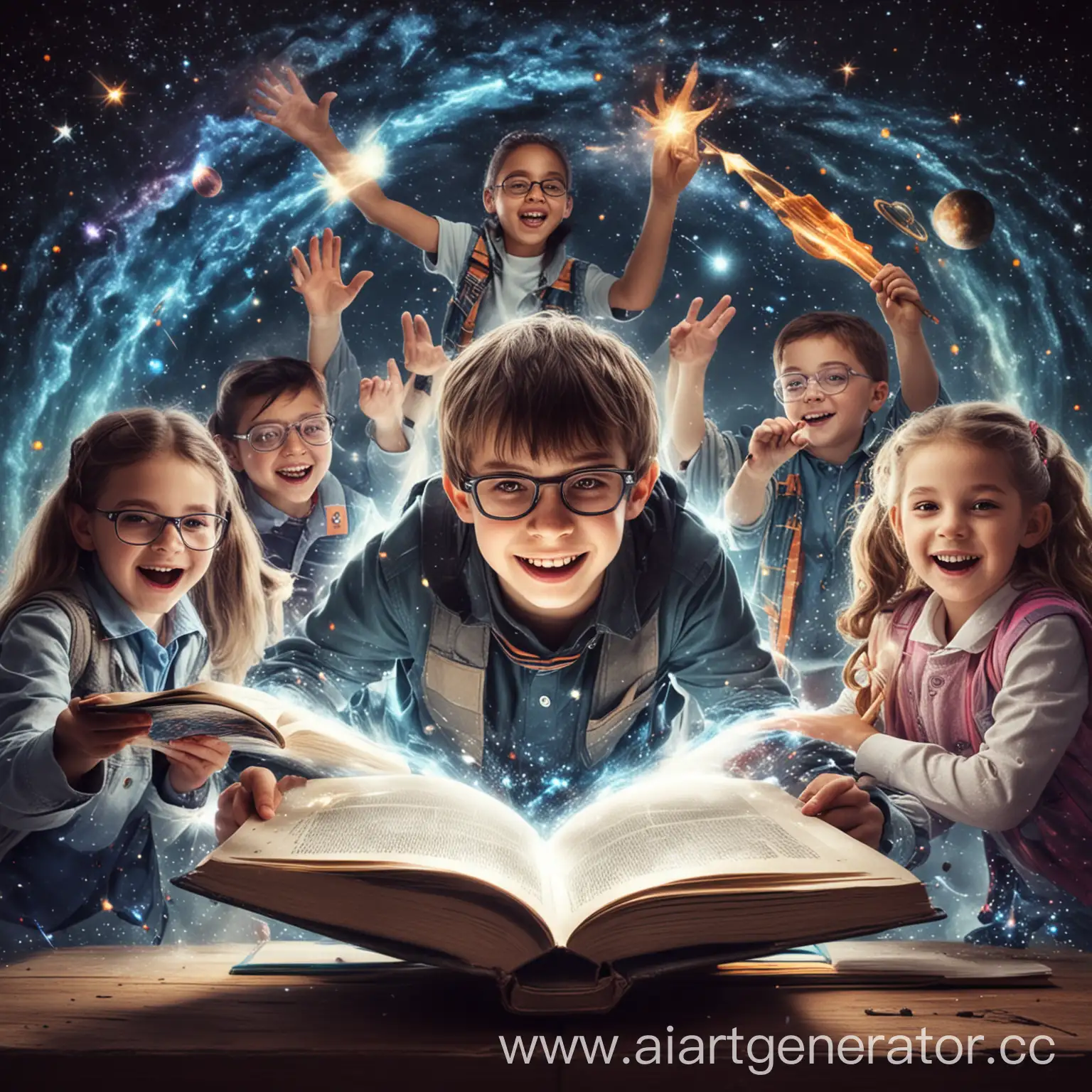 school cool class books around and othe kids with magic and space