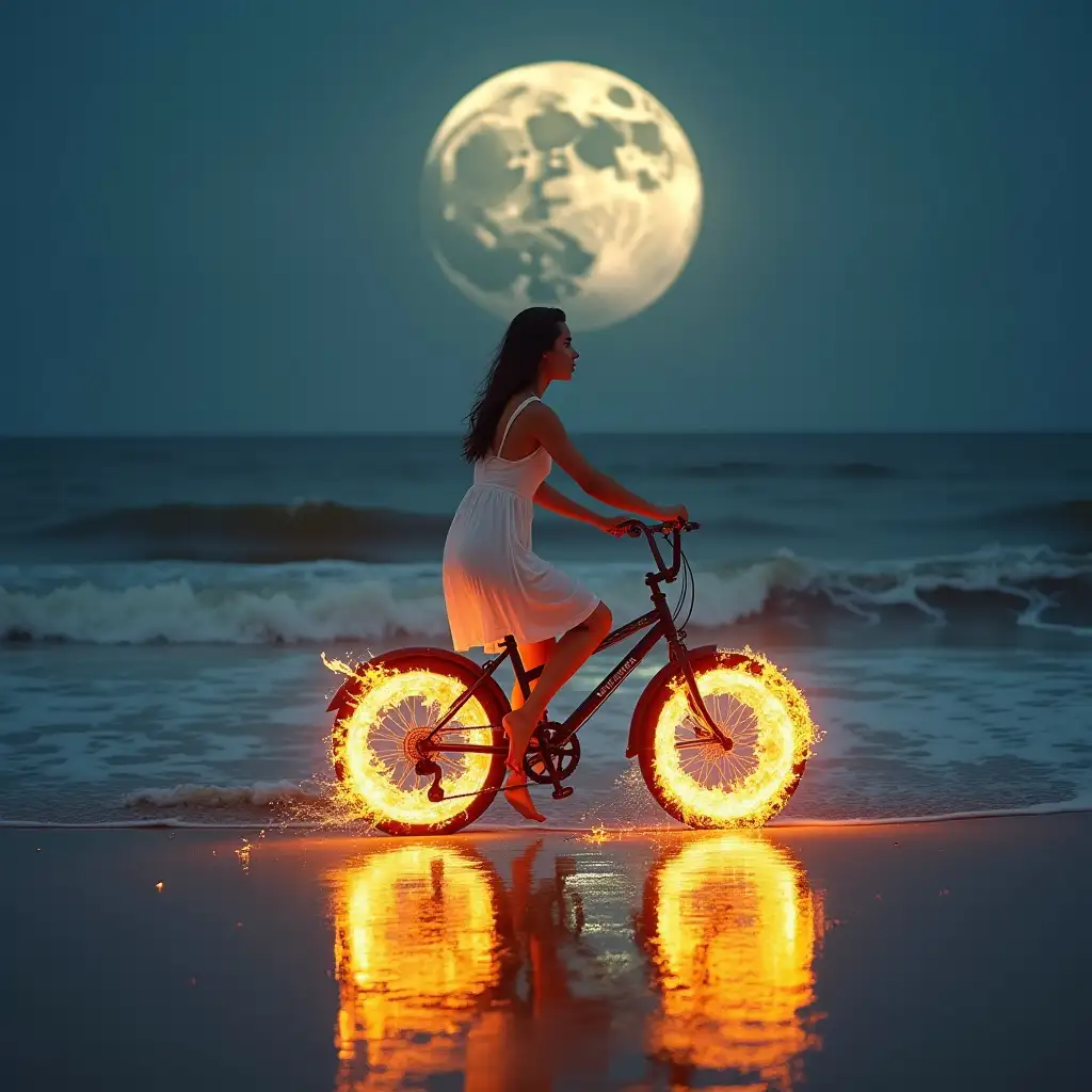 Realistic image of a young woman in a white beach dress riding a beach bike in the sand next to the ocean with a lit full moon centered. Add fire to the bike tires. Show fire flames rotating movements in the same direction of tires moving. Cast a reflection in the ocean and wet sand beach areas.