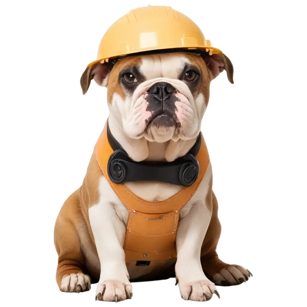 A robust and expressive bulldog, dressed in typical work clothes of a drywall installer. Wearing a yellow hard hat snug on its head, and its body is covered with a reflective vest and construction tools such as a tool belt with a screwdriver and a tape measure. The bulldog's expression is determined but friendly, with an air of professionalism. It is seated against a background suggesting a construction environment, with drywall panels, tools and materials scattered around. The image style is detailed and slightly cartoonish, highlighting the bulldog's personality in its worker role. The lighting is clear, focused on highlighting the details of the hat, clothes and the bulldog's facial features.