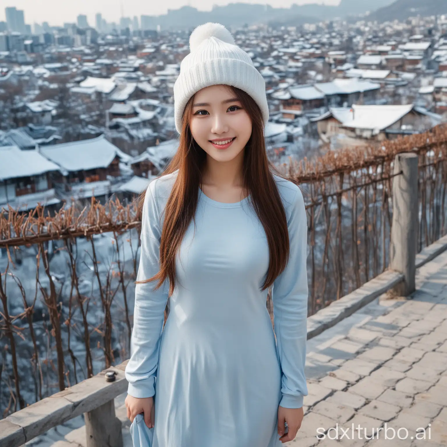 user_prompt: Chinese woman, sexy and sweet smile, brown long hair, white skin, black eyes, in winter wearing a light blue tight T-shirt and long dress, with a duckbill hat in China traveling, shooting from above