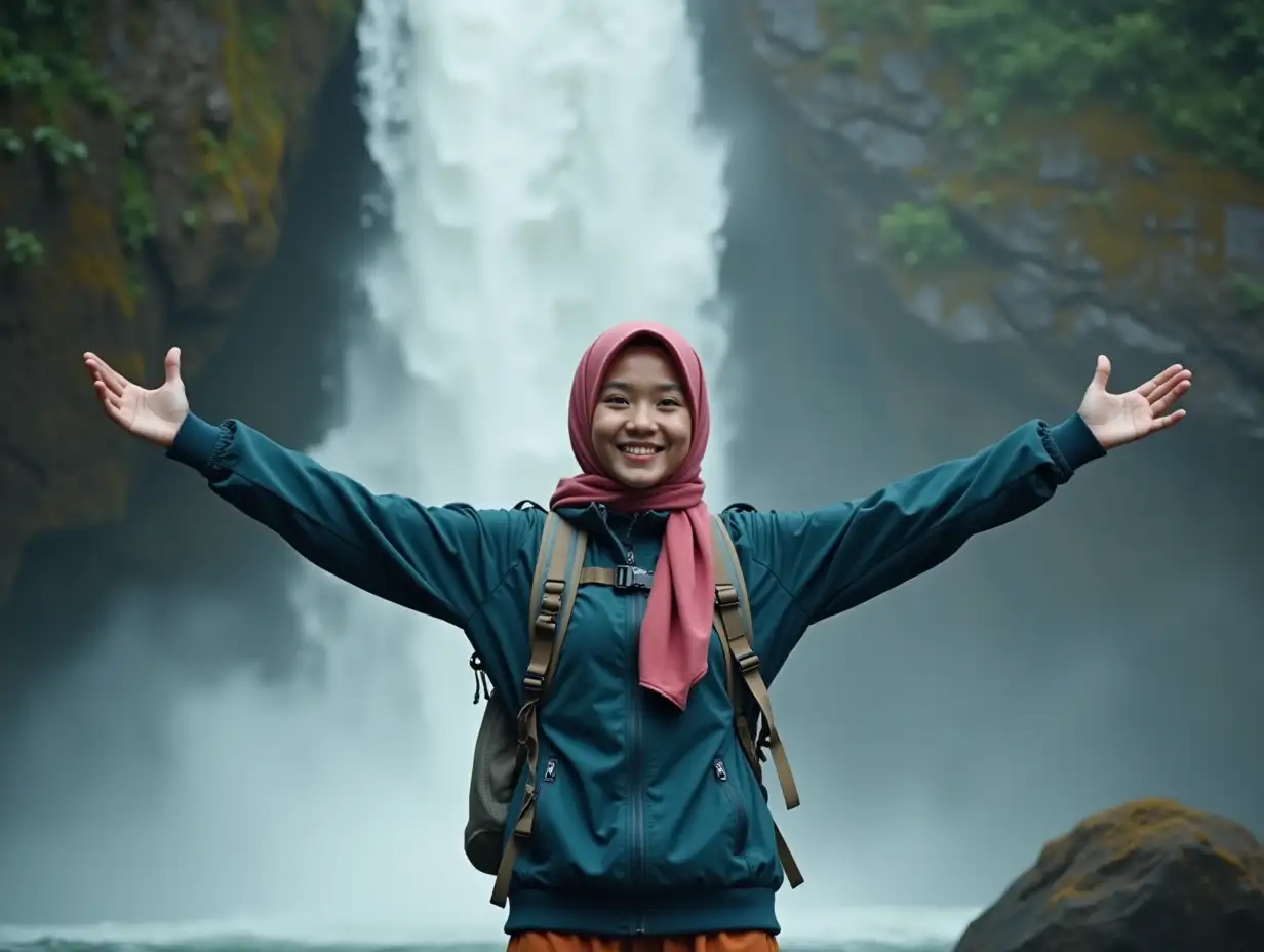 a 19 year old Indonesian woman in hijab, wearing adventure clothes, her arms wide open, smiling facing the camera, behind her is a waterfall flowing fast and clear, a thin mist envelops her, 4K, the lighting is perfect, photography