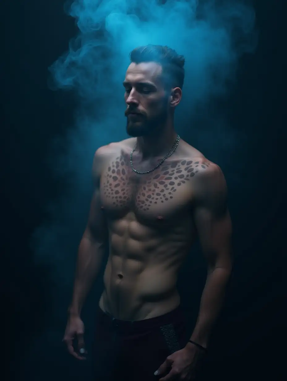 handsome man, body art craquelure, beautiful figure, beautiful torso, blue smoke, halo above the head, dark background, aesthetically pleasing, smoke around the hips, beautiful, realistic, professional photo, 4k, high resolution, high detail, 30mm lens, 1/250s, f/2.8, ISO 100, soft lighting, dim lighting, as in the photo, hyperrealism