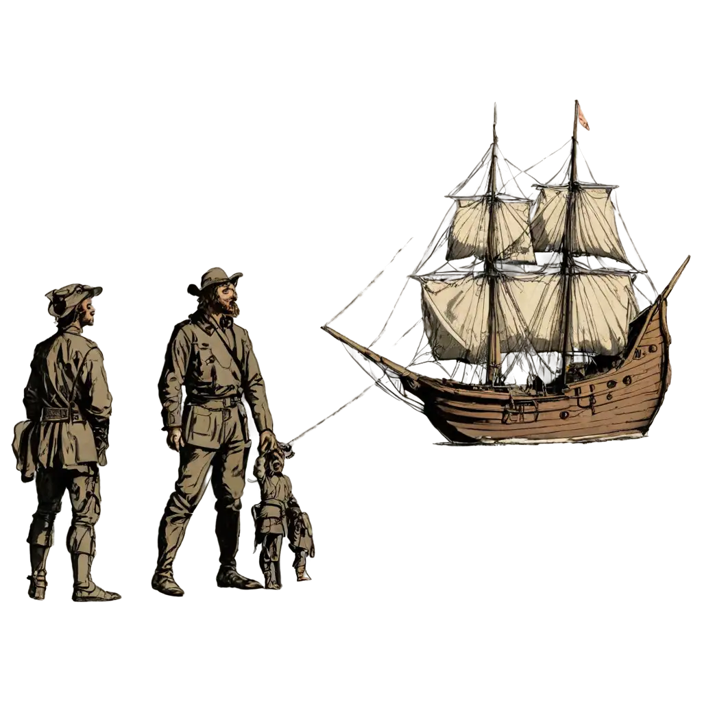 illustration of the colonizers in columbus island with their ship