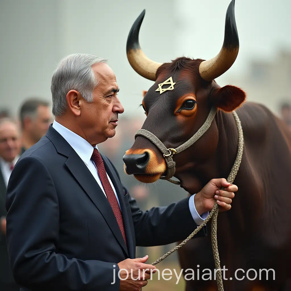 Sheikh-Naim-Qassim-Confronts-Benjamin-Netanyahu-in-Symbolic-Scene-with-Bulls-Horn-and-Star-of-Israel