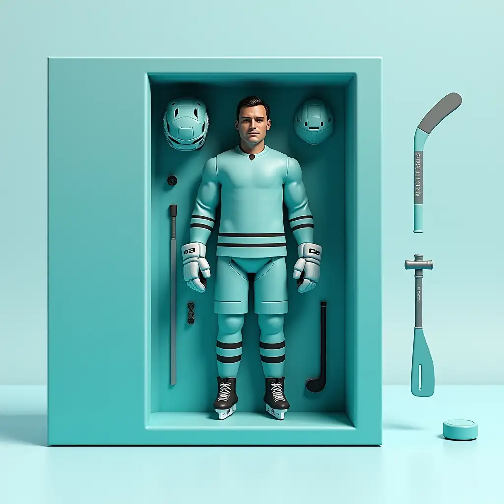 Create an action figure on photo. It should be a toy figure. The toy should be standing inside the box in full size. Near the figure there should be its accessories: [hockey helmet, stick, puck] Packaging design is modern, in style of collectible toys, [with smooth gradient in turquoise tones]. Also on the box at the top it should say [shcherbak10]
