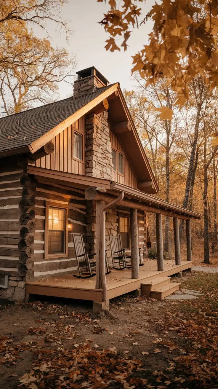 Wide open shot, real rustic log cabin exterior, nestled in an autumn forest, golden hour lighting, handcrafted logs, stone chimney, inviting porch with rocking chairs, warm glow emanating from windows, fallen leaves scattered around, detailed textures, photorealistic, 8k